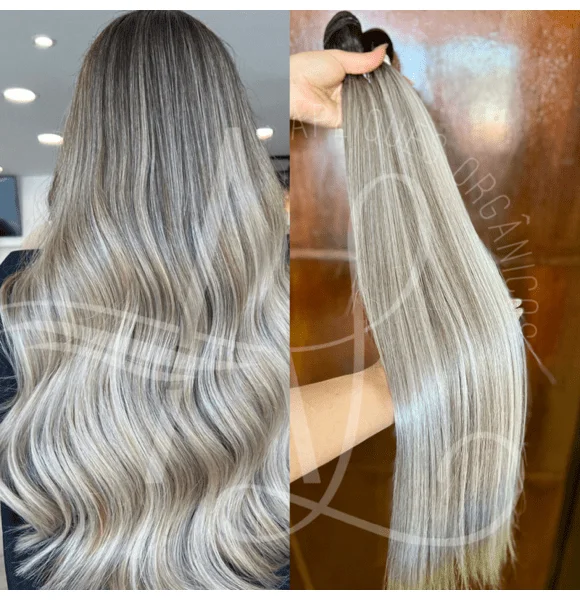 Cabelo Telado/Tecido Mesclado Platinado Esfumado Liso Fibra Russa 70cm 150g