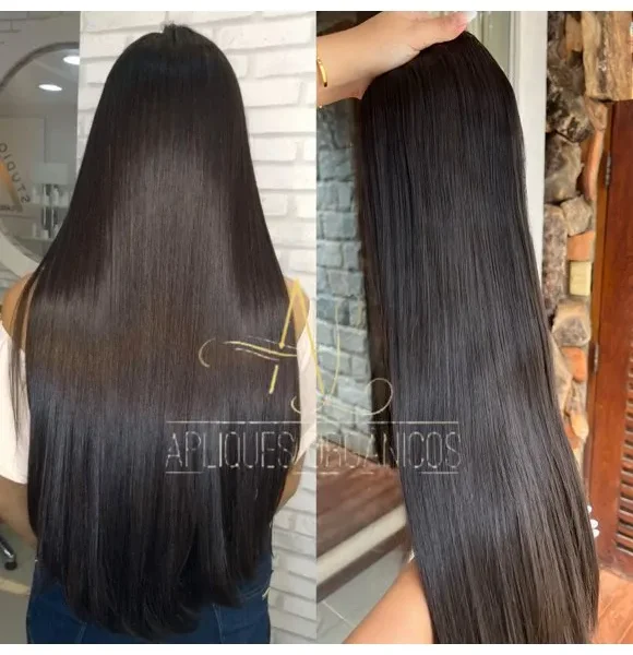 Mega Hair Tic-Tac Castanho Escuro Liso Fibra Bio Luxo Prime.