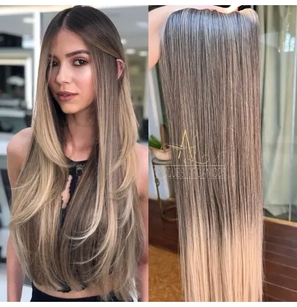Mega Hair Tic-Tac Morena Iluminada + Pontas Mel Liso Fibra Bio Luxo Prime.