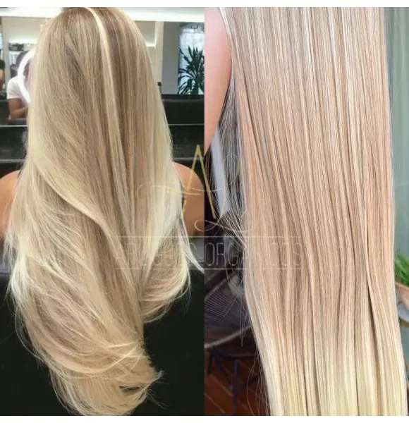 Mega Hair Tic-Tac Loiro Pérola + Pontas Claras Liso Fibra Bio Luxo Prime.