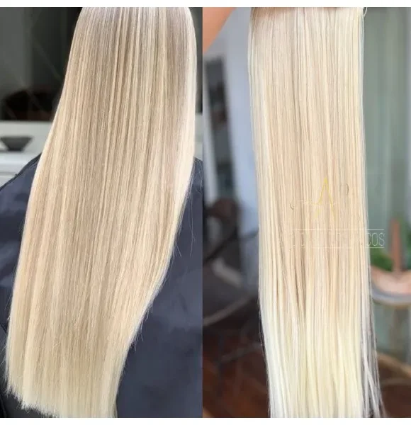 Mega Hair Tic-Tac Loiro Pérola Claro Liso Fibra Bio Luxo Prime.