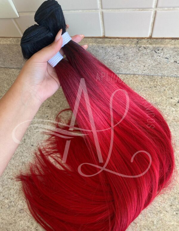 Cabelo Telado/Tecido Vermelho Intenso Esfumado Liso Fibra Russa 70cm 150g - Imagem 3