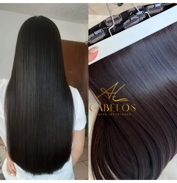 Kit Mega Hair 4 Telinhas TIC-TAC Castanho Escuro Liso Bio Luxo Prime.