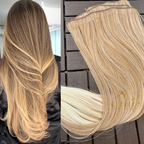 Kit Mega Hair 4 Telinhas TIC-TAC Loiro Pérola Ombre Hair Liso Bio Luxo Prime.