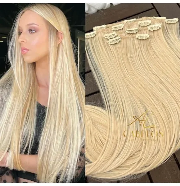 Kit Mega Hair 4 Telinhas TIC-TAC Loiro Pérola Claro Liso Bio Luxo Prime.