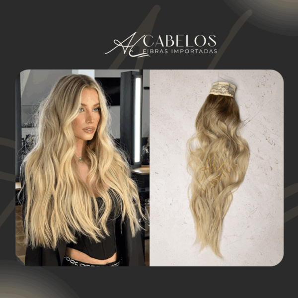 Mega Hair Tic-Tac + Fio Invisible Fibra Russa Suzan 50cm 120g Ondulado - Loiro Pérola Esfumado