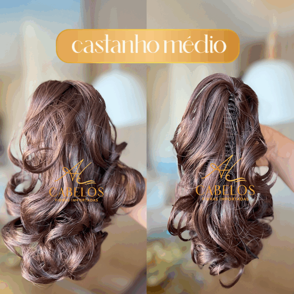 Aplique Rabo de Cavalo Ondulado Orgânico 25CM - Castanho Medio