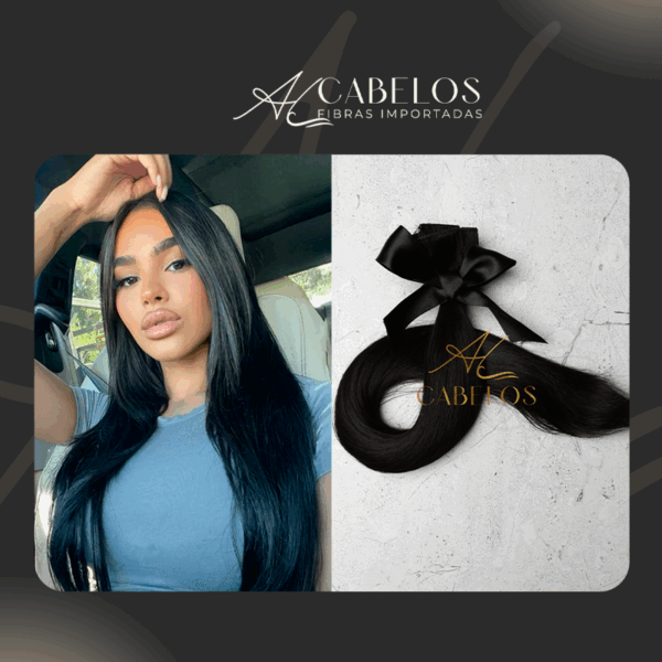 Mega Hair Tic-Tac + Fio Invisible Fibra Russa Cindy 60cm 120g- Preto