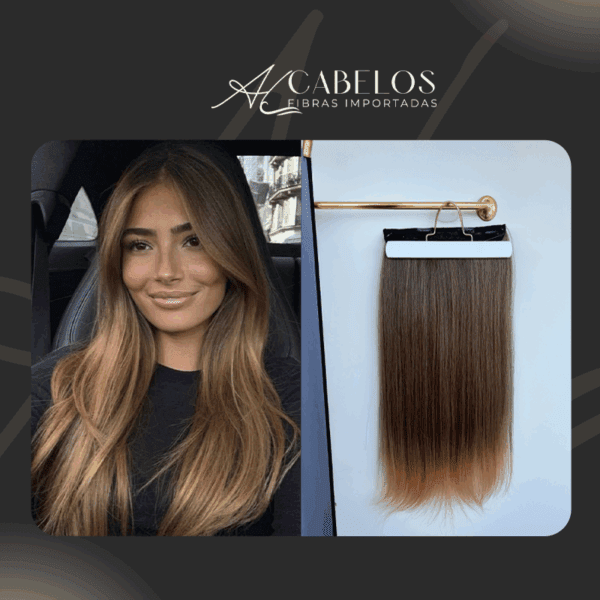 Mega Hair Tic-Tac + Fio Invisible Fibra Russa Cindy 60cm 120g- Loiro Escuro Mesclado