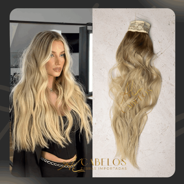 Mega Hair Tic-Tac + Fio Invisible Fibra Russa Suzan 50cm 120g- Loiro Pérola Esfumado