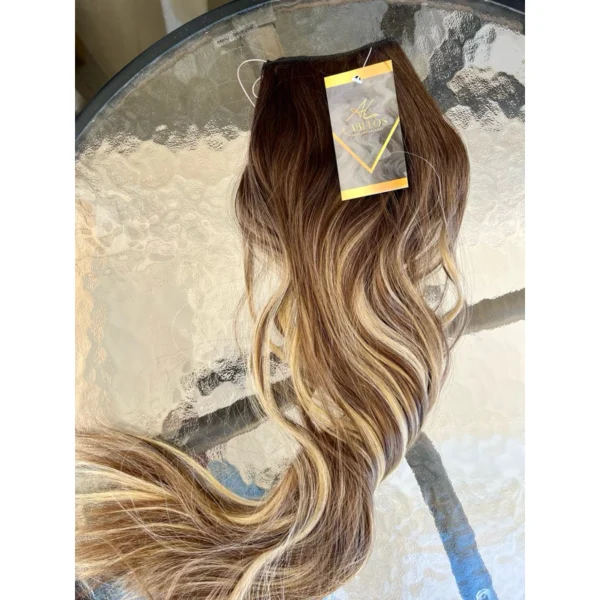 Mega Hair Tic-Tac + Fio Invisible Fibra Russa Suzan 50cm 120g Ondulado - Mesclado Esumado 812H24