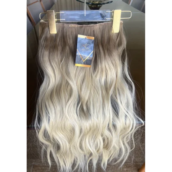 Mega Hair Tic-Tac + Fio Invisible Fibra Russa Suzan 50cm 120g Ondulado - Loiro Pérola Esfumado