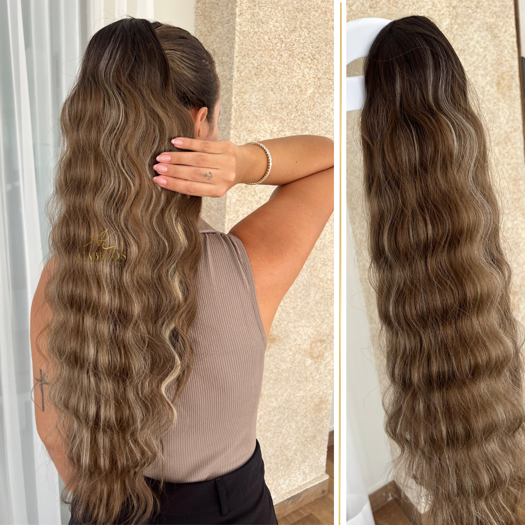 15338294471-4.png Rabo de Cavalo Wave Glam Loiro Escuro Mesclado 70cm - Imagem 1