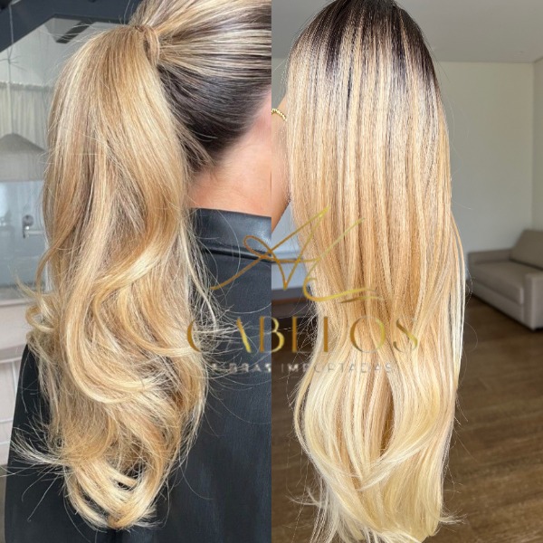 15381680890-img-7831-600x600-1.jpg Aplique Rabo de Cavalo Ary Loiro Esfumado 60cm 140g Fibra Europeia. - Imagem 1