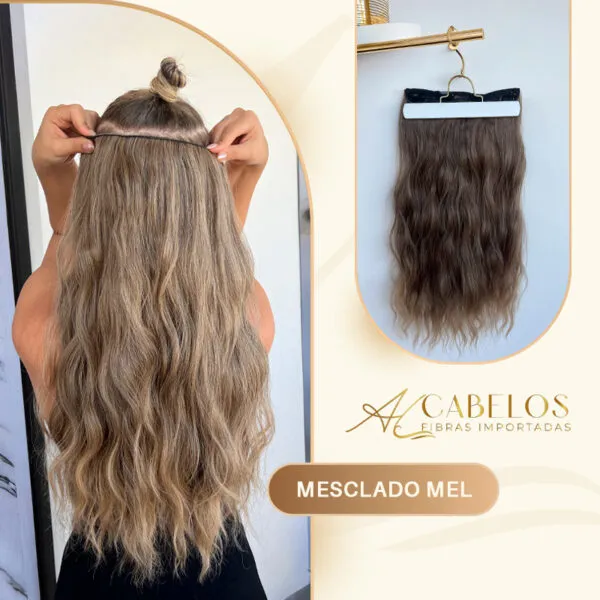 Mega Hair Tic-Tac + Fio Invisible Fibra Russa Suzan 50cm 120g- Mesclado Mel - Imagem 5