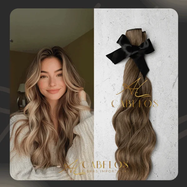 Mega Hair Tic-Tac + Fio Invisible Fibra Russa Suzan 50cm 120g- Mesclado Mel